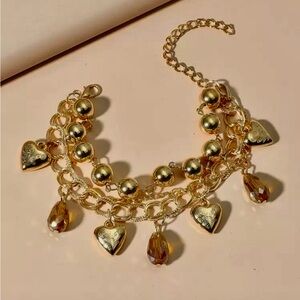 Gold Heart Charm Bracelet with Beads